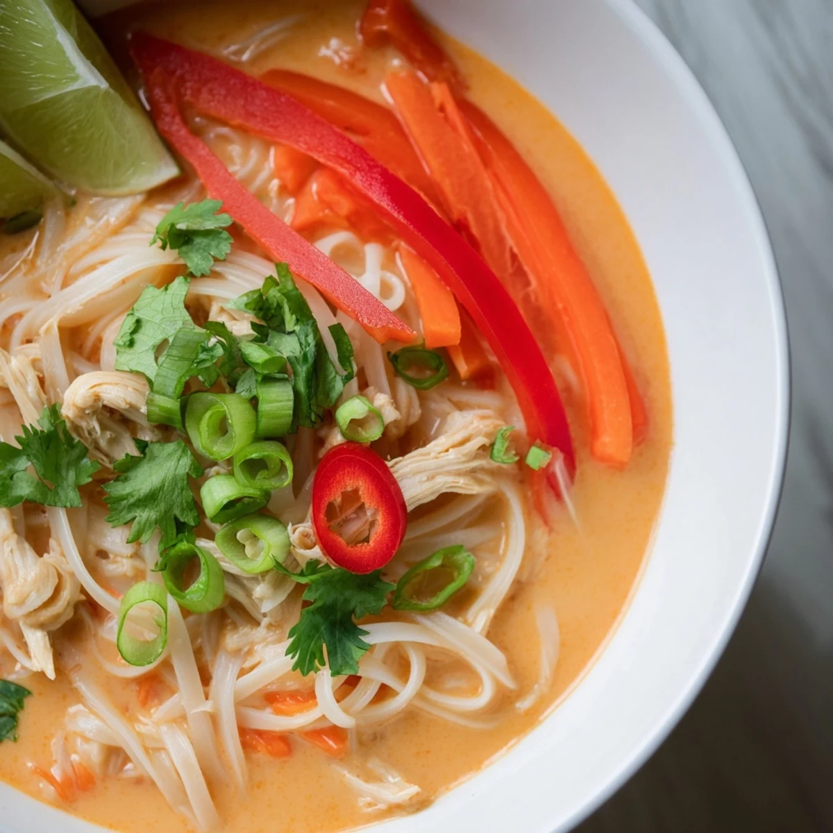 Thai Red Curry Noodle Soup with Chicken features tender chicken, vibrant vegetables, and rice noodles in a creamy coconut broth.