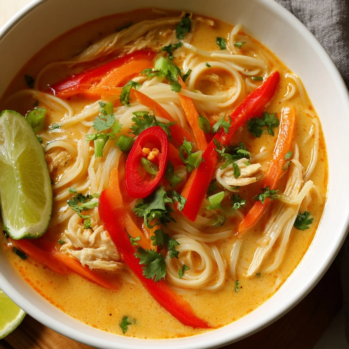 A close-up of Thai Red Curry Noodle Soup with Chicken, garnished with fresh cilantro, lime wedges, and chili slices.