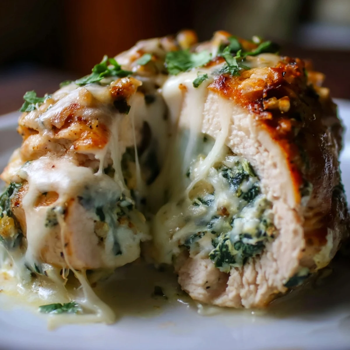 Golden-brown baked Spinach and Artichoke Stuffed Chicken Breast sliced open to reveal creamy green filling.