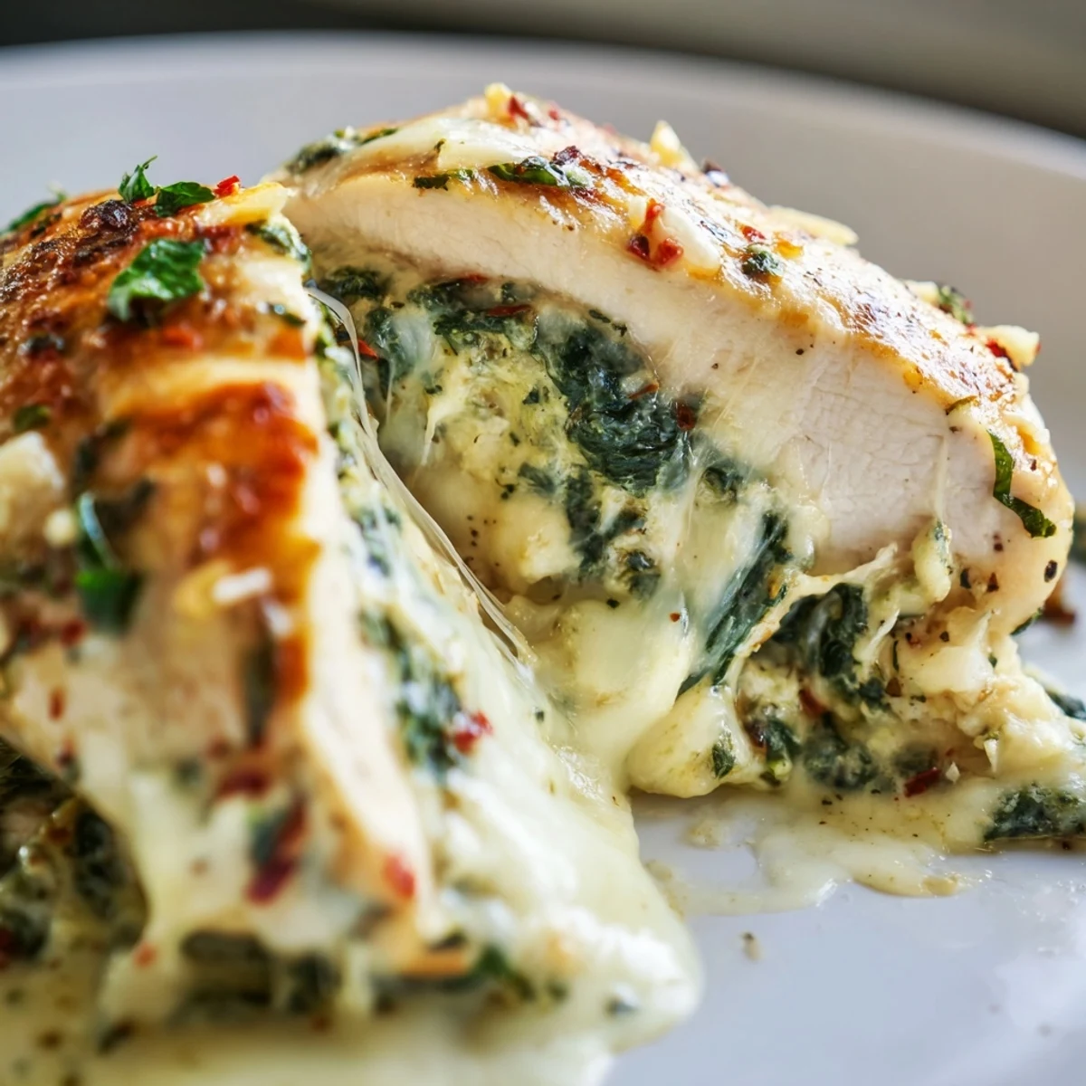 Tender Spinach and Artichoke Stuffed Chicken Breast served on a white plate with roasted asparagus.