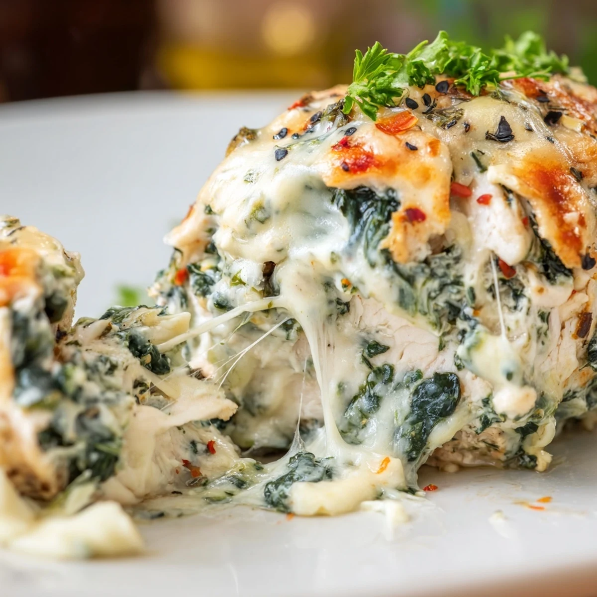 Juicy Spinach and Artichoke Stuffed Chicken Breast fresh from the oven, garnished with chopped parsley.