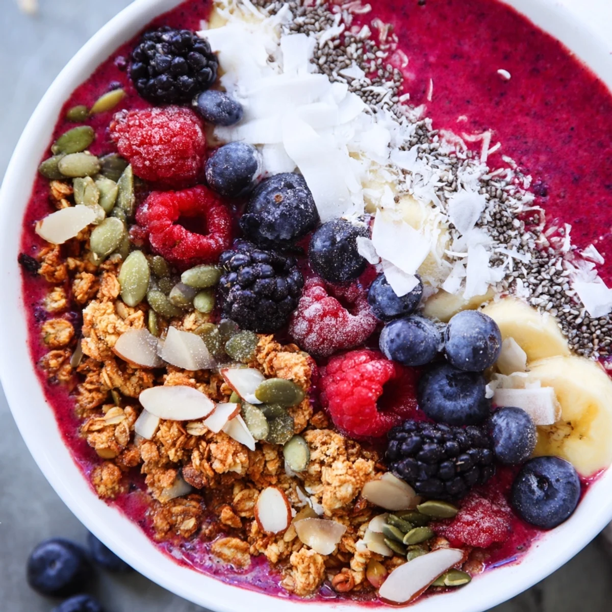 A close-up of a Winter Berry Smoothie Bowl with granola, chia seeds, and sliced almonds on a rustic table.