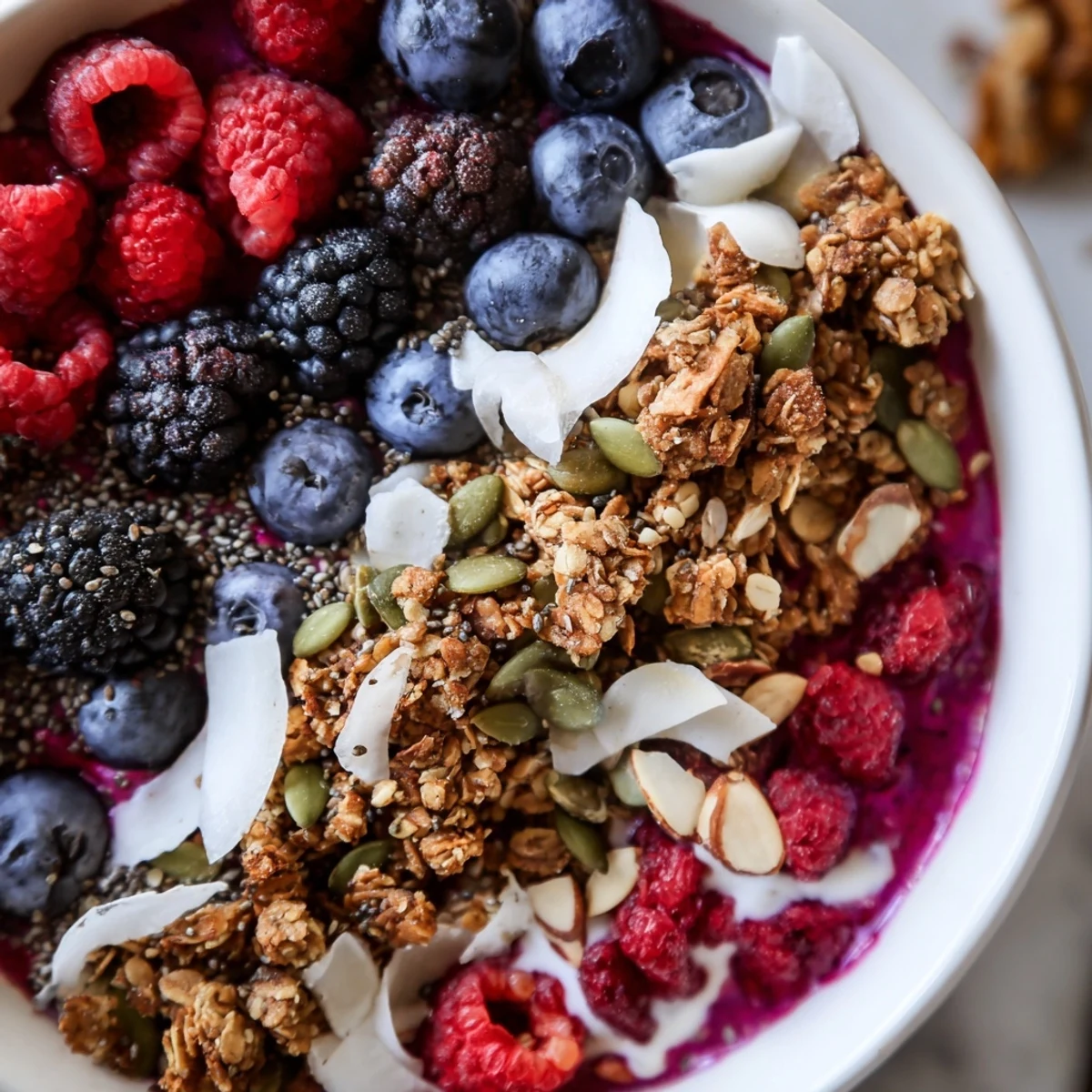 The Winter Berry Smoothie Bowl is served in a ceramic bowl with a spoon, perfect for a healthy breakfast.