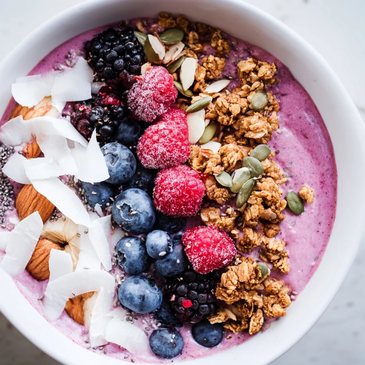 Toppings like coconut flakes and pumpkin seeds add crunchy texture to the vibrant purple Winter Berry Smoothie Bowl.