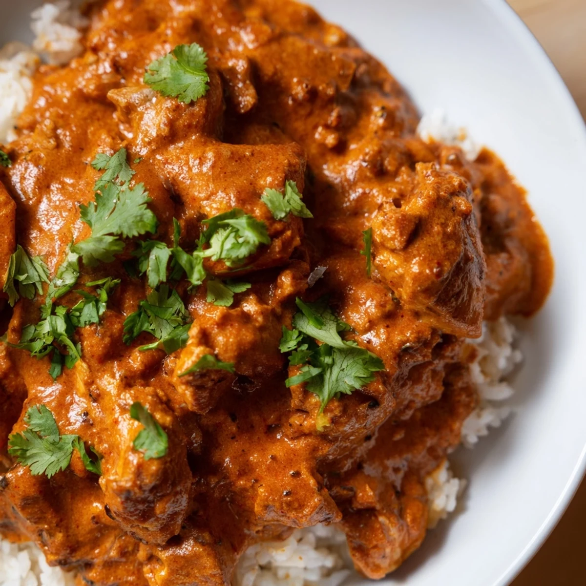 Creamy Slow Cooker Chicken Tikka Masala served over fluffy basmati rice and garnished with fresh cilantro.