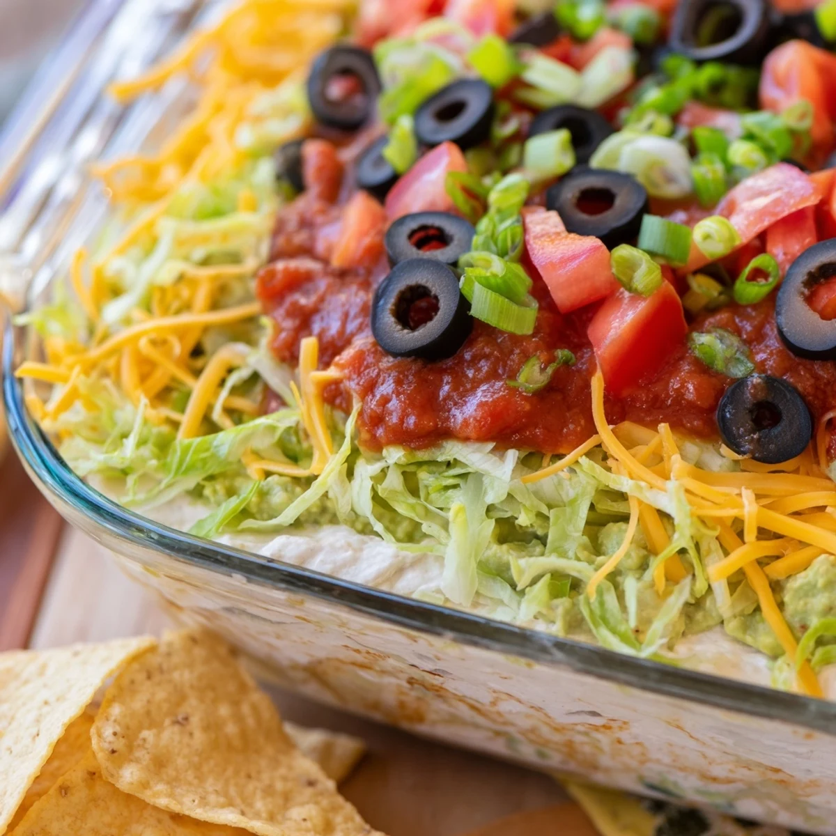 Colorful End Zone Seven Layer Taco Dip served with crispy tortilla chips in a glass dish for game day.
