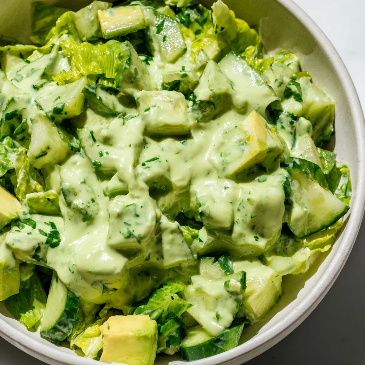 A close-up of the vibrant Green Goddess Salad, featuring crisp Romaine lettuce, green cabbage, and diced avocado with creamy herb dressing.