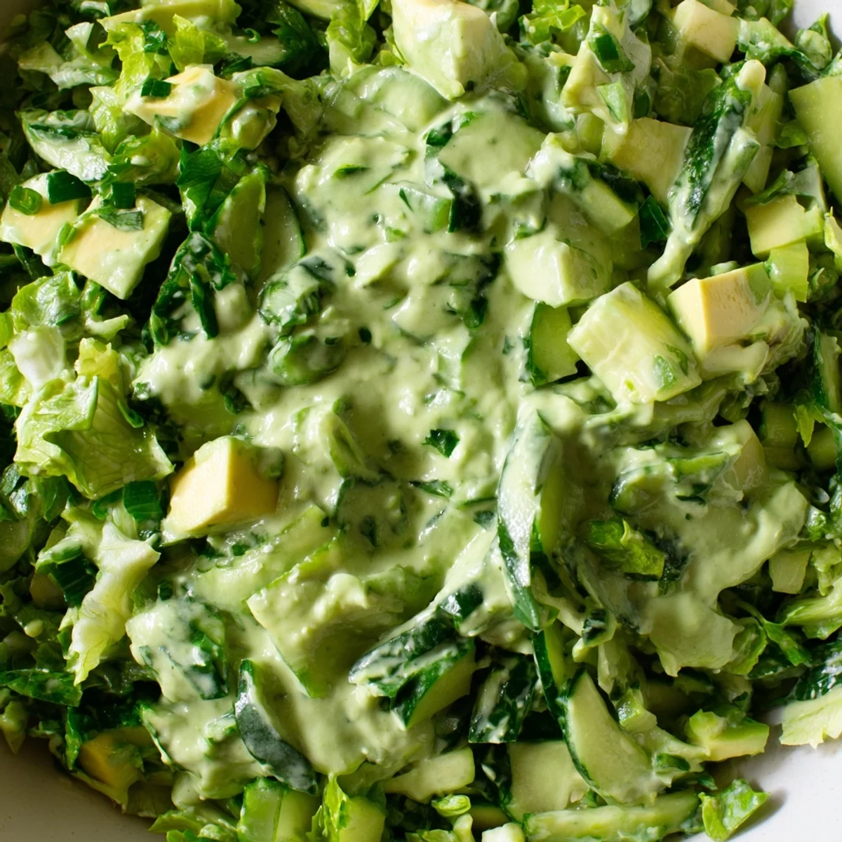 Serving suggestion for Green Goddess Salad, presented in a white bowl with fresh parsley and basil garnish, perfect for a light lunch.