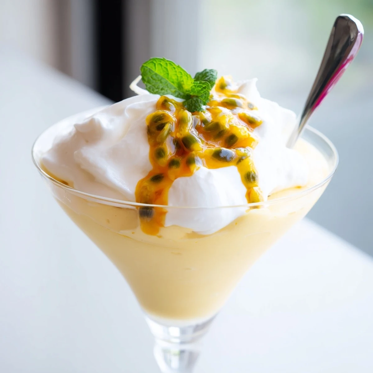 Luscious Passion Fruit Mousse with Whipped Cream layered in a glass, garnished with fresh mint and vibrant seeds.  