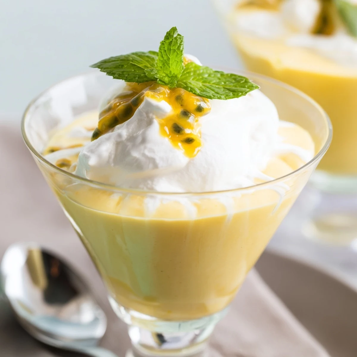 Spoonable Passion Fruit Mousse with Whipped Cream served chilled, with fluffy peaks and tropical aroma.  