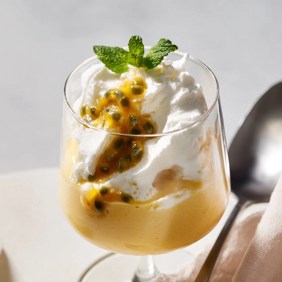 Elegant Passion Fruit Mousse with Whipped Cream topped with glossy pulp, perfect for summer gatherings.