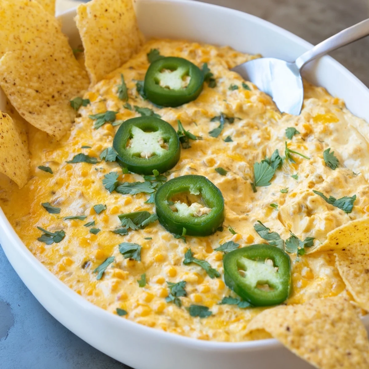 Spicy Quarterback Queso Dip garnished with sliced jalapeños and cilantro, bubbling in a rustic serving bowl.
