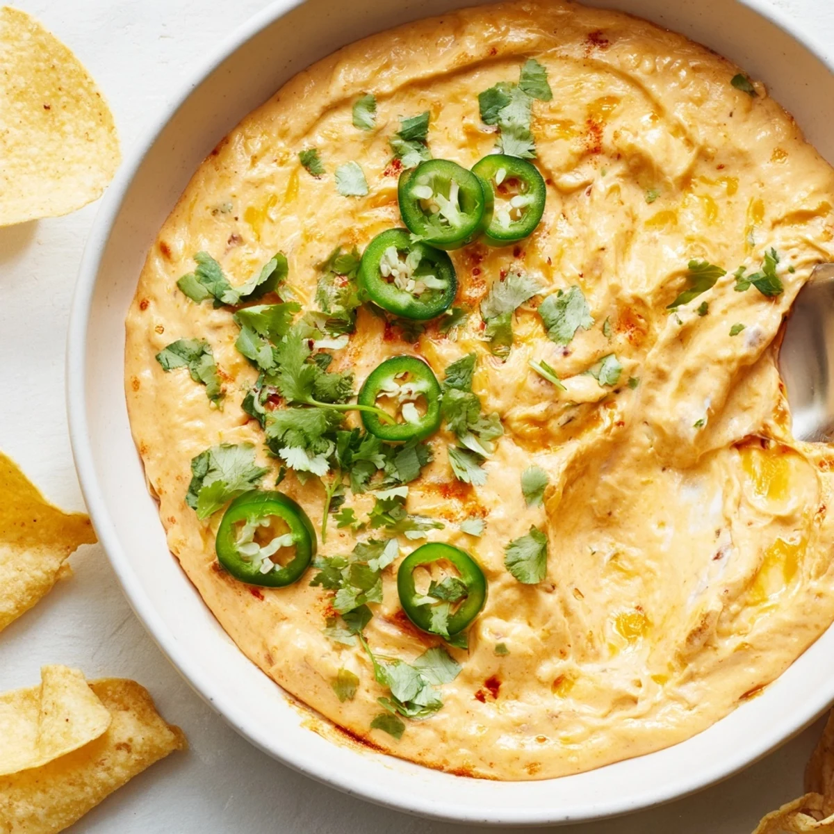 Creamy Quarterback Queso Dip with fresh jalapeños and melted cheese, served warm with crunchy tortilla chips.