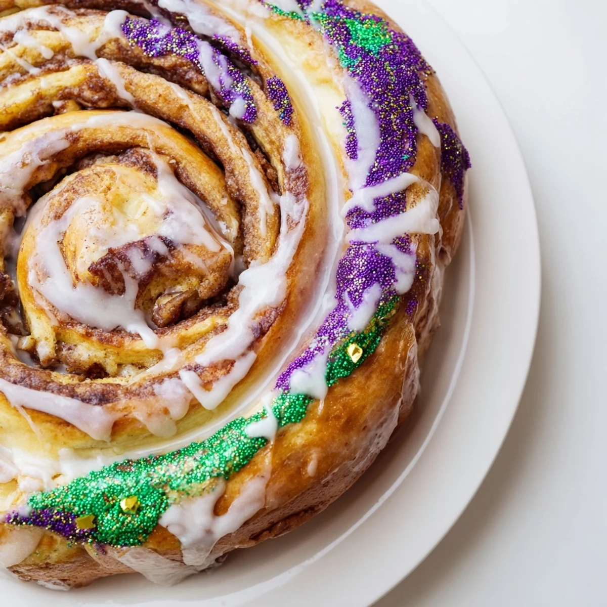 A freshly baked King Cake with cinnamon swirl, golden brioche texture, and drizzled vanilla icing.  
