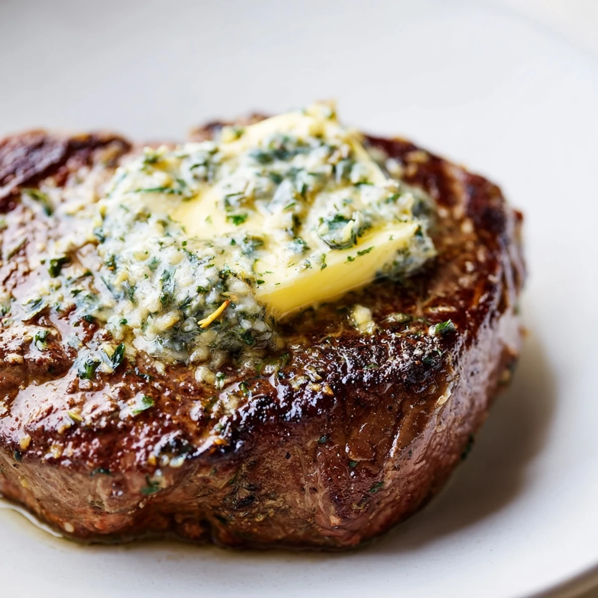 Two perfectly seared Romantic Filet Mignon steaks topped with melting garlic herb butter, served on a white plate.