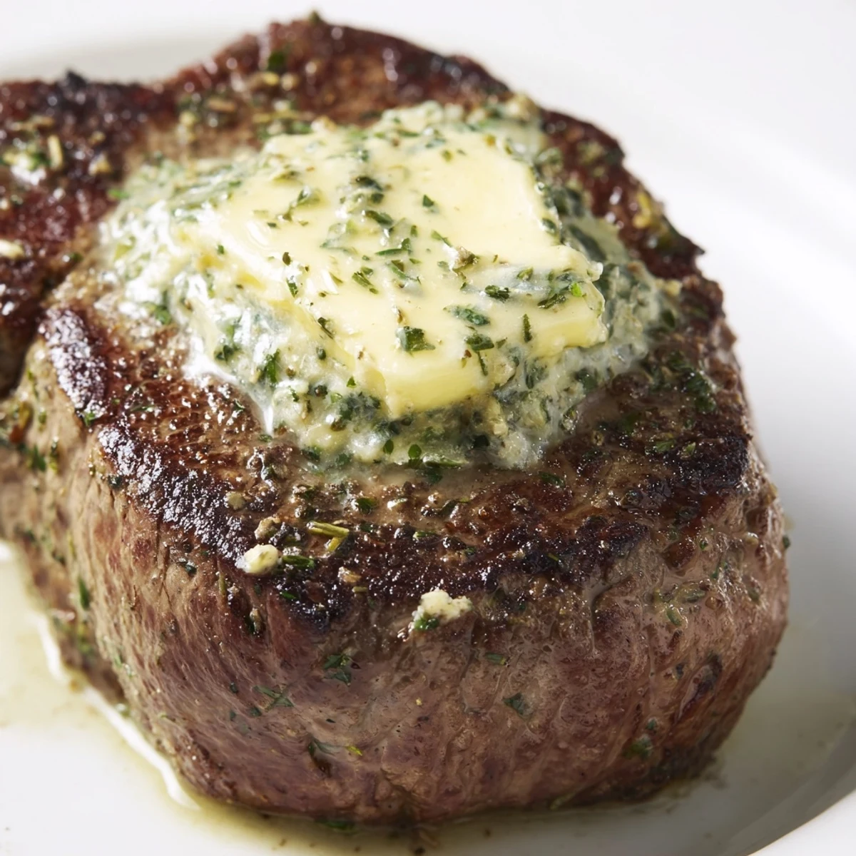 Golden-brown Romantic Filet Mignon with fresh parsley and rosemary, paired with roasted potatoes and asparagus.