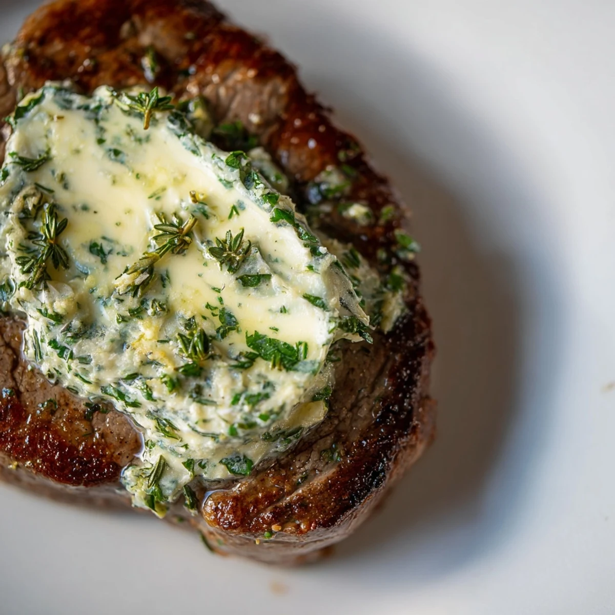 A close-up of tender Romantic Filet Mignon, showcasing the rich garlic herb butter sauce and juicy interior.