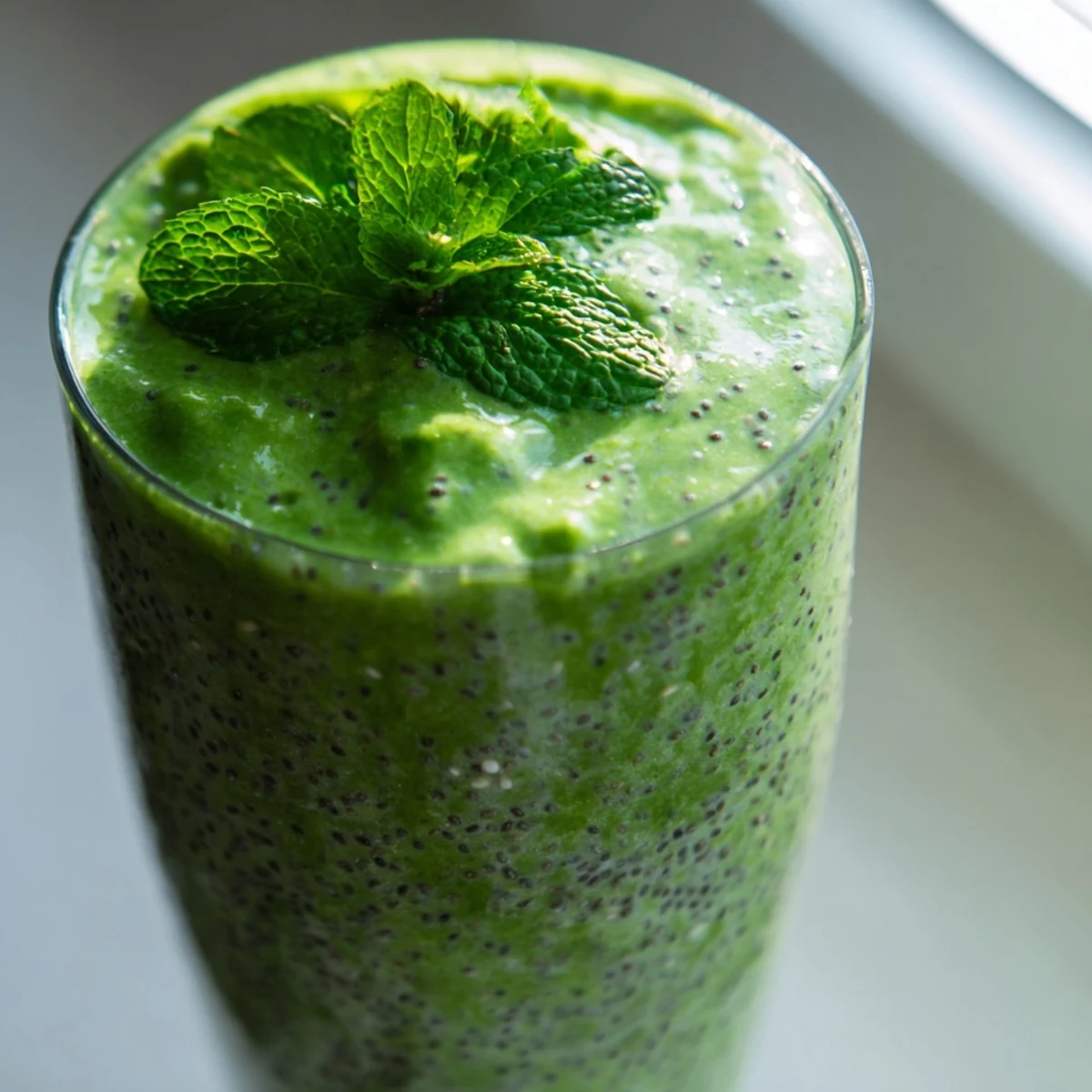 Vibrant Shamrock Green Smoothie with spinach and banana, poured into a glass and garnished with fresh mint leaves.