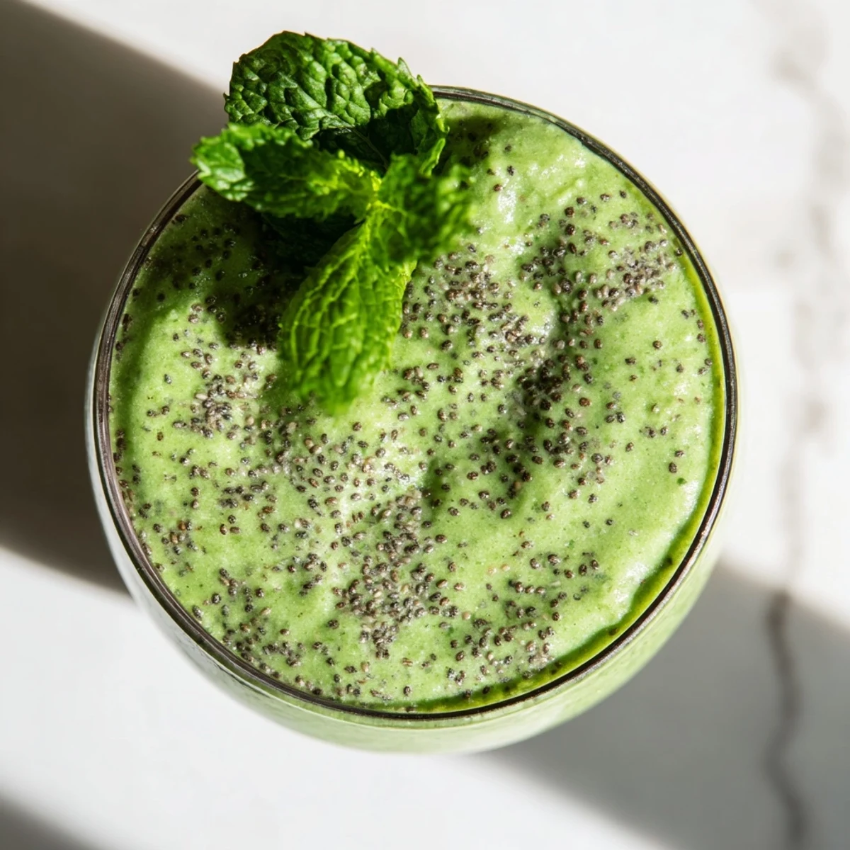 Creamy Shamrock Green Smoothie with spinach and banana, topped with chia seeds and served beside a sliced banana.