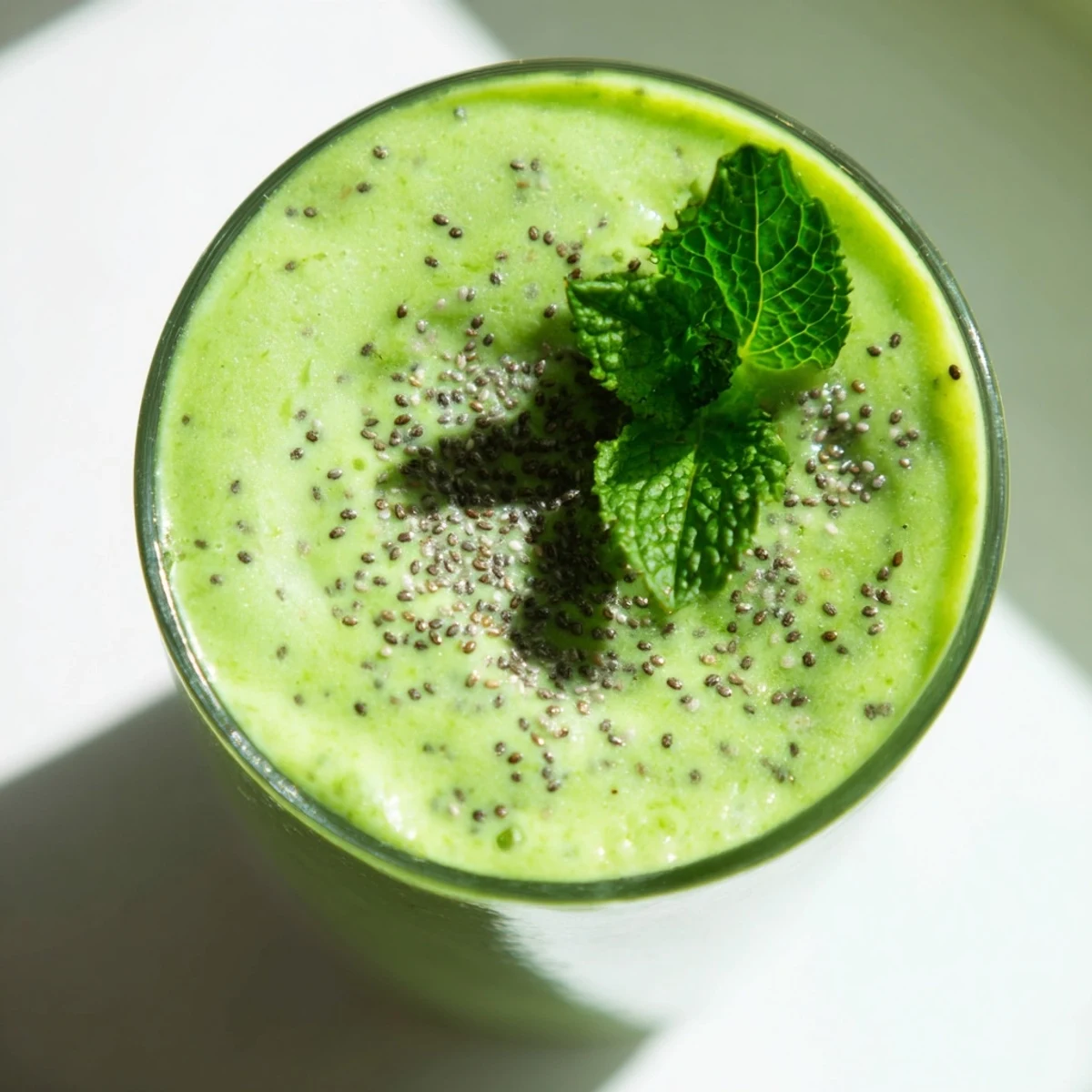 Thick, frosty Shamrock Green Smoothie with spinach and banana, blended with ice and mint for a refreshing sip.