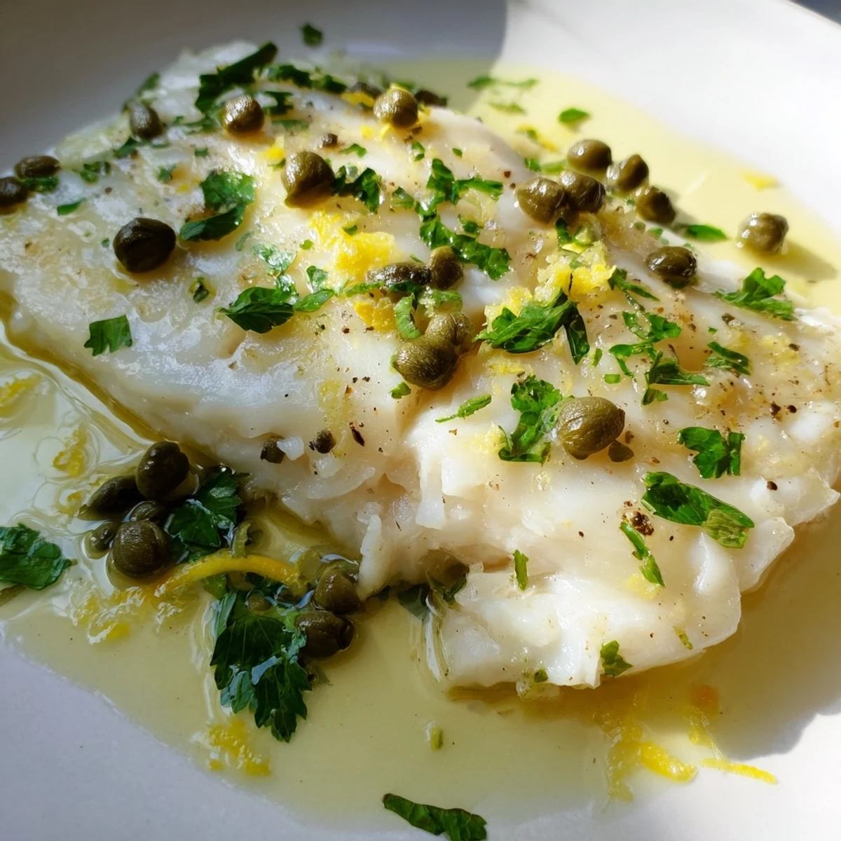 Four flaky baked cod fillets glisten in a white baking dish, drizzled with a golden lemon butter sauce and topped with briny capers, ready to serve.  