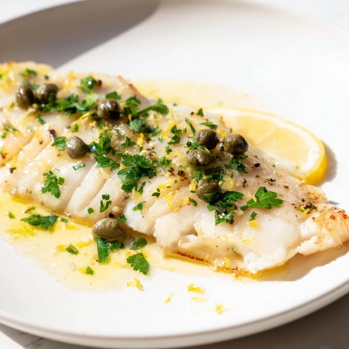 Perfectly baked cod with lemon butter and capers pairs beautifully with steamed vegetables and roasted potatoes, ideal for a light Mediterranean dinner.