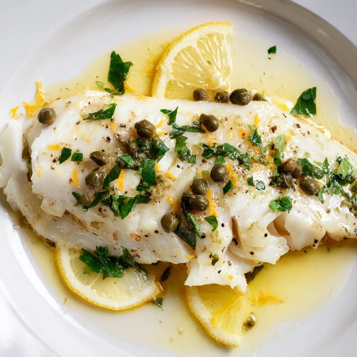 A close-up of baked cod with lemon butter and capers reveals tender, opaque fish flakes, flecked with fresh parsley and lemon zest.  