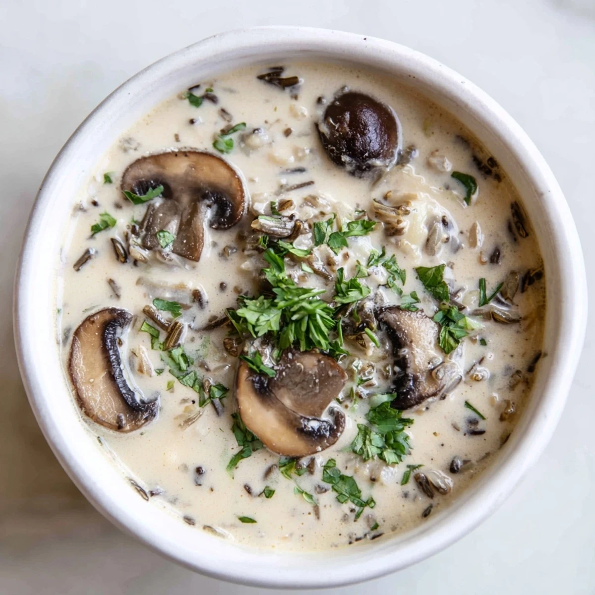 A steaming bowl of Creamy Mushroom and Wild Rice Soup garnished with fresh parsley, served alongside a crusty slice of bread.  