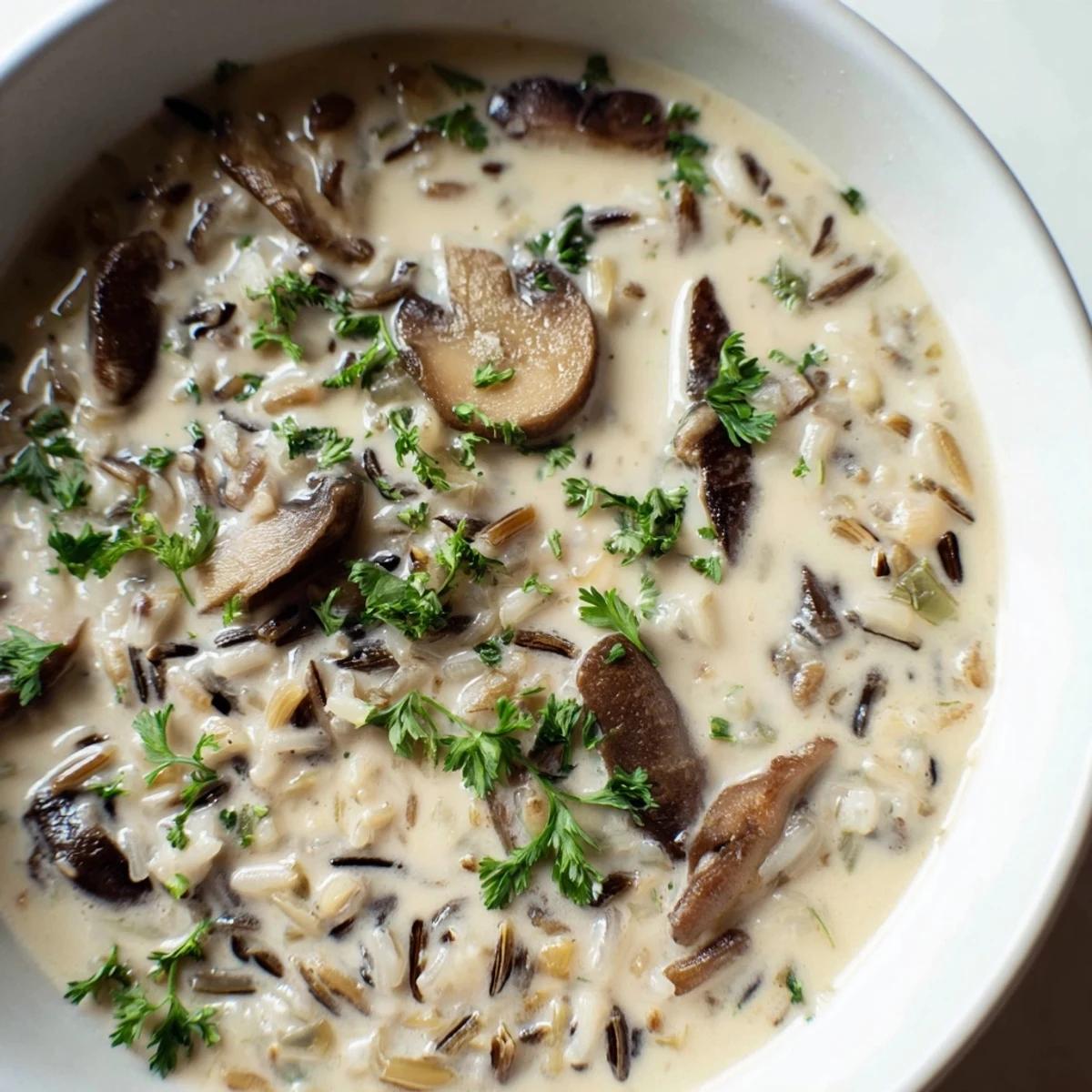 Creamy Mushroom and Wild Rice Soup simmering in a pot, highlighting earthy mushrooms, tender wild rice, and aromatic herbs.  