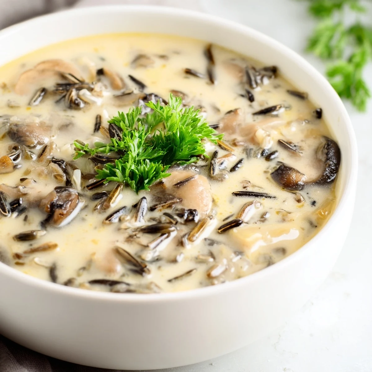 Close-up of Creamy Mushroom and Wild Rice Soup in a rustic ceramic bowl, with a spoon ready to serve.