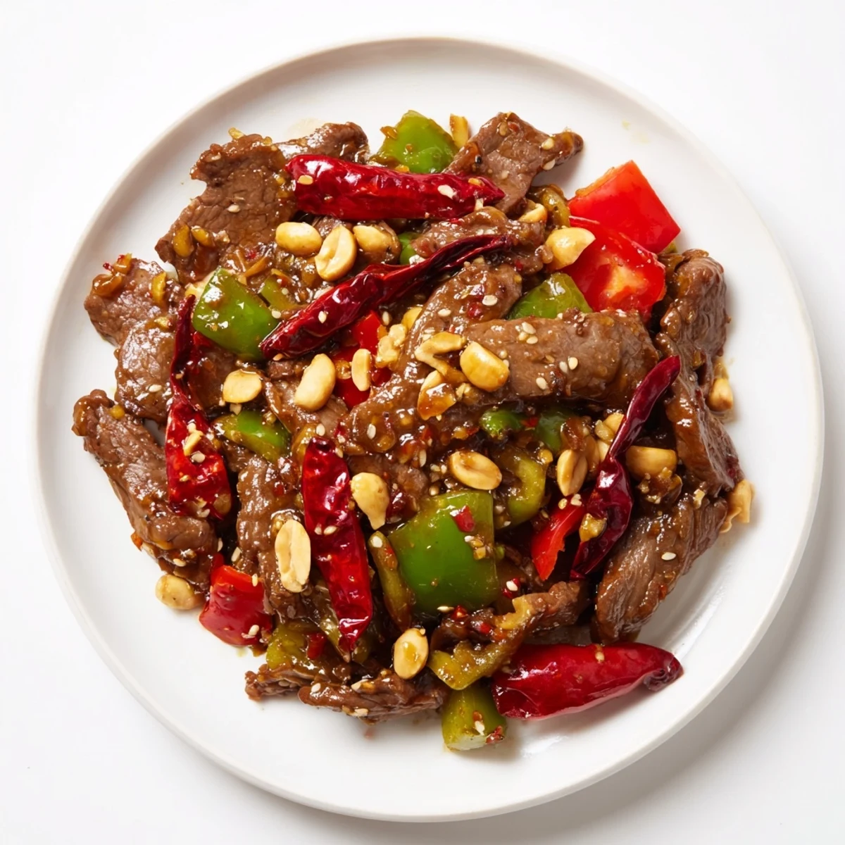 A close-up of vibrant Spicy Kung Pao Beef with Peanuts, showcasing seared steak and crunchy nuts. 