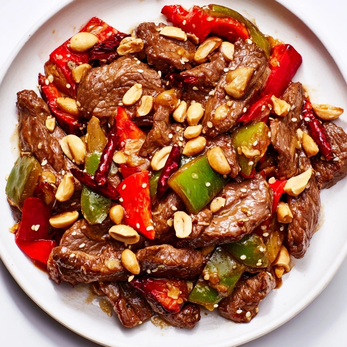 Fragrant Spicy Kung Pao Beef with Peanuts steaming beside fluffy white jasmine rice on a dinner plate. 