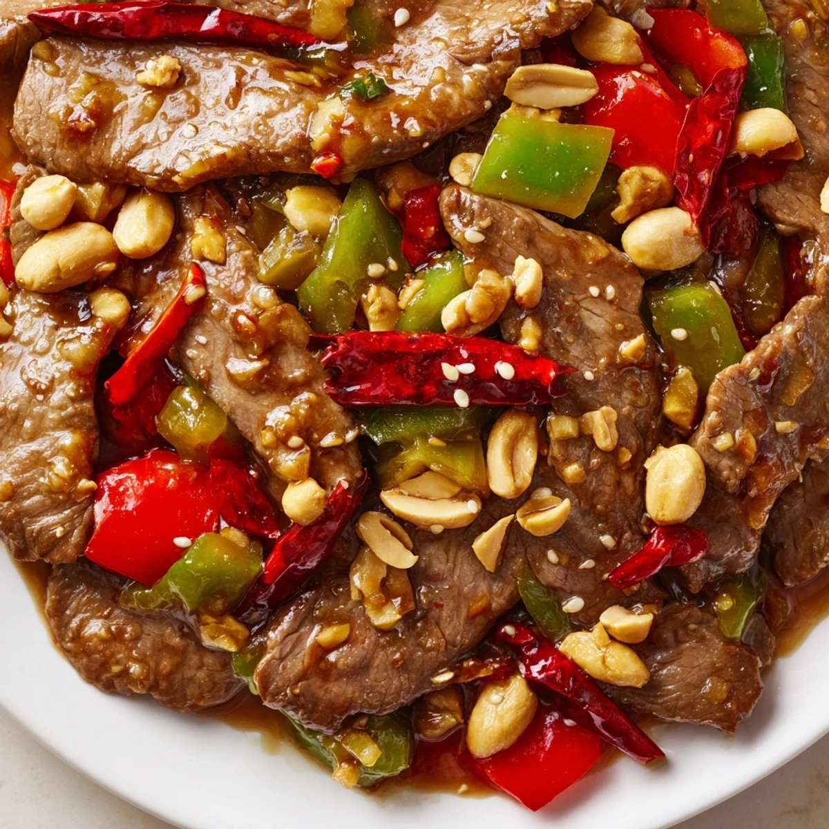 Sizzling Spicy Kung Pao Beef with Peanuts tossed with red bell peppers and green onions in a wok.