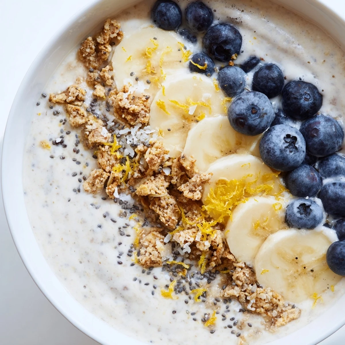 Two servings of a refreshing, thick Lemon Blueberry Smoothie Bowl topped with sliced bananas, chia seeds, and crunchy granola.