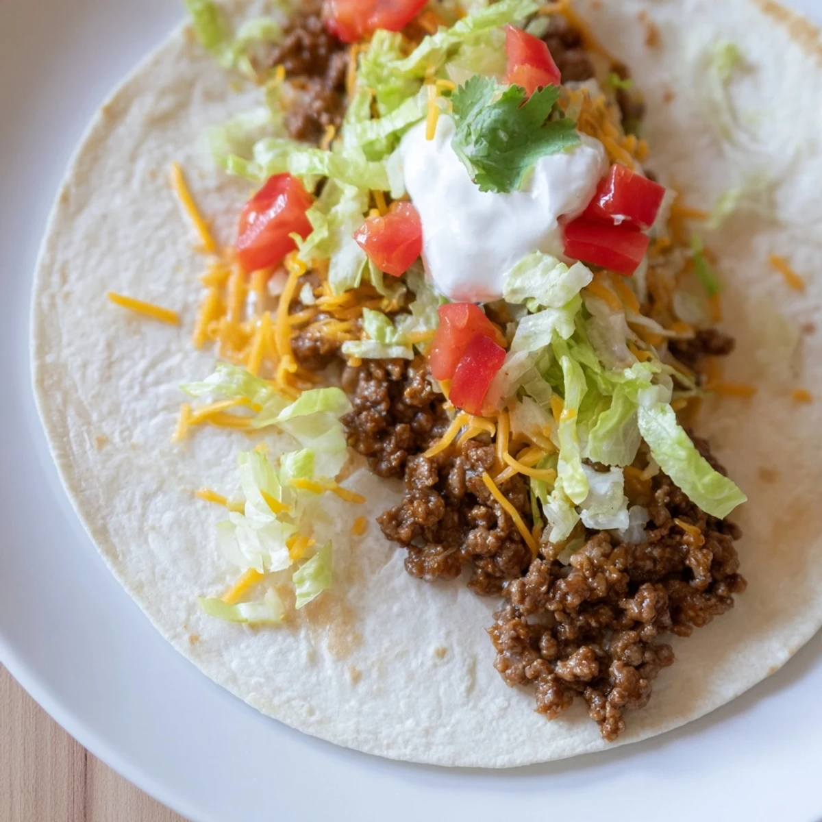 Warm, seasoned ground beef nestled in soft flour tortillas, topped with fresh lettuce, diced tomatoes, and shredded cheese for a classic taco night.  