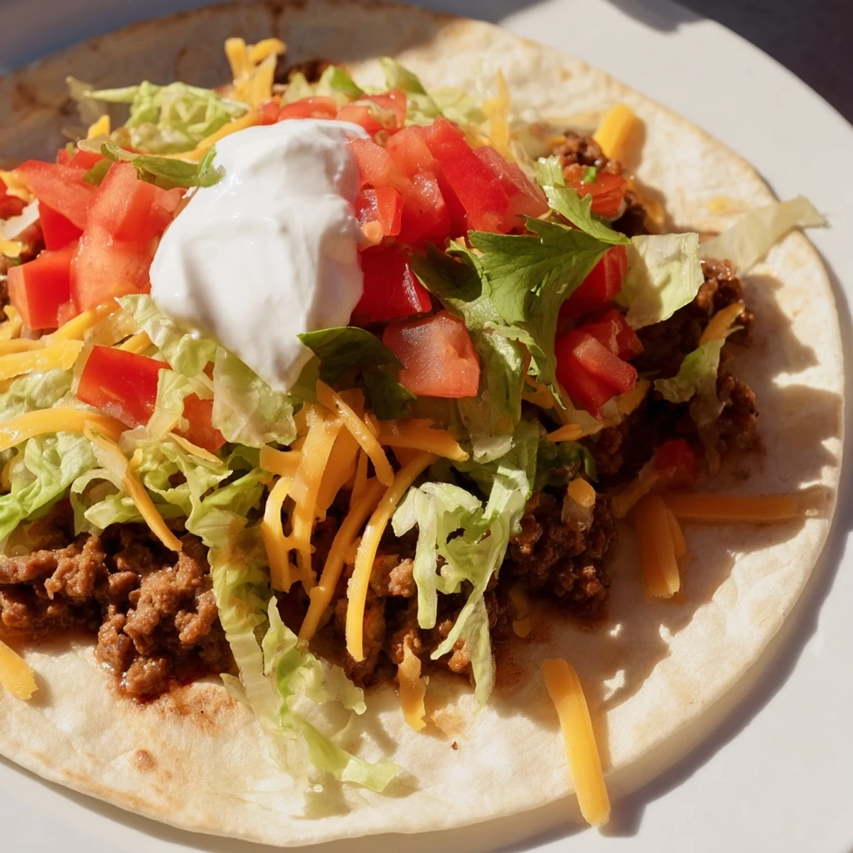 Hearty beef tacos with pillowy flour tortillas, garnished with sour cream, cilantro, and a squeeze of lime for bright flavor.  