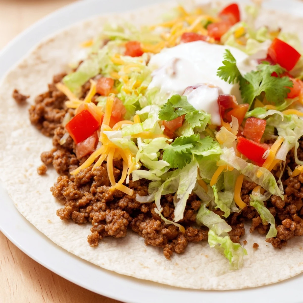 Freshly assembled beef tacos on soft flour tortillas, layered with jalapeños, cheese, and vibrant toppings ready for the dinner table.