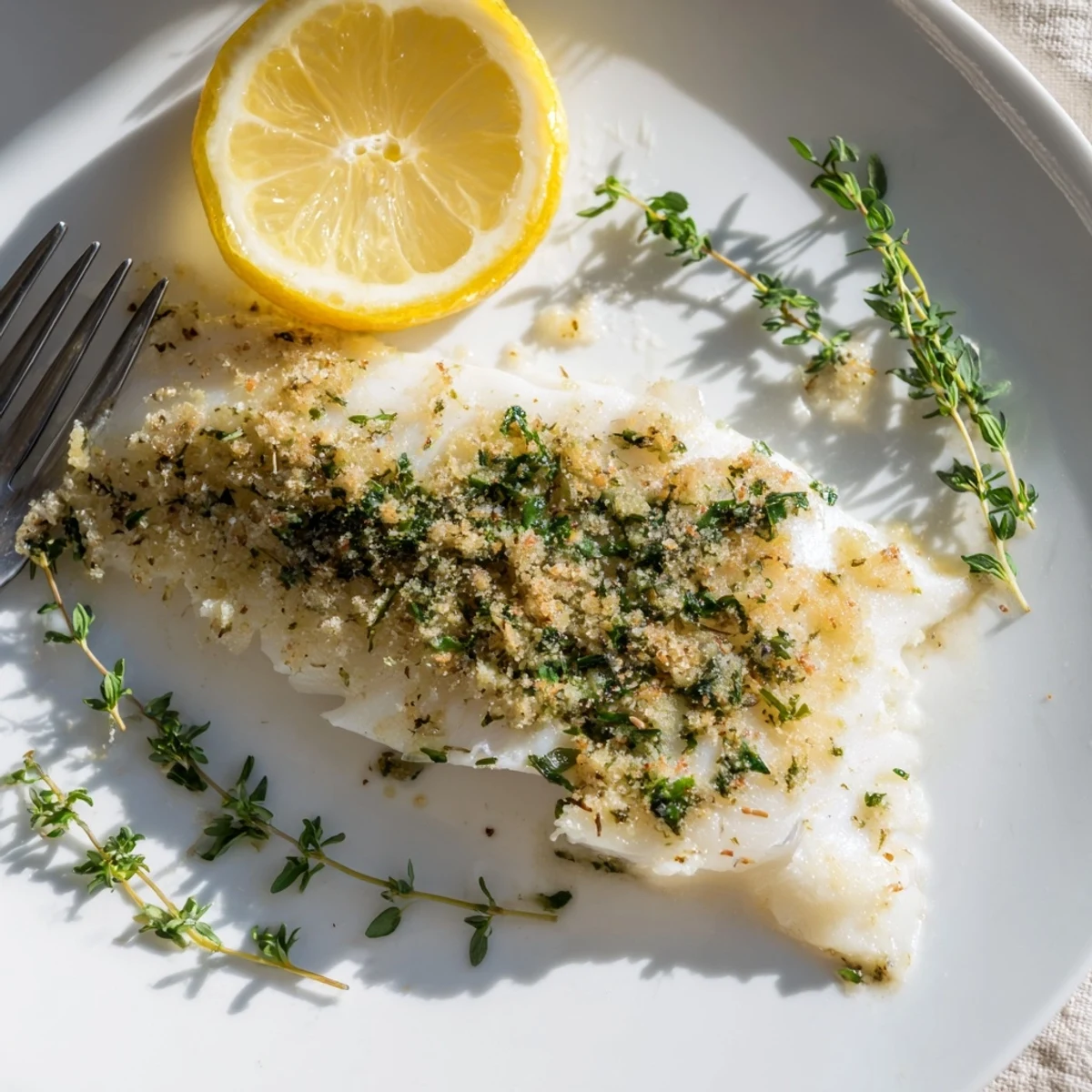 Golden-brown Baked Hake with Lemon and Herbs is flaky and tender, garnished with fresh parsley and served alongside roasted potatoes.