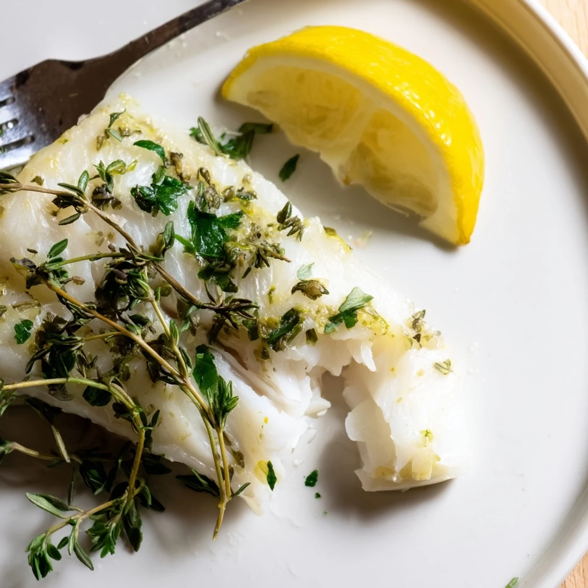 A close-up of Baked Hake with Lemon and Herbs shows fragrant herbs and lemon zest on moist fillets, perfect for a light dinner.