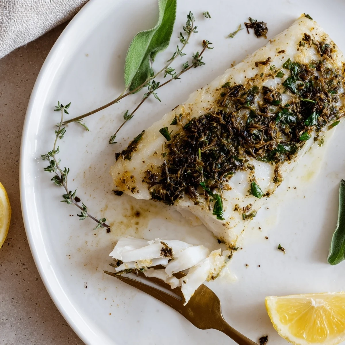 Fragrant Baked Hake with Lemon and Herbs is plated with steamed green beans and lemon wedges, highlighting the Mediterranean-inspired flavors.