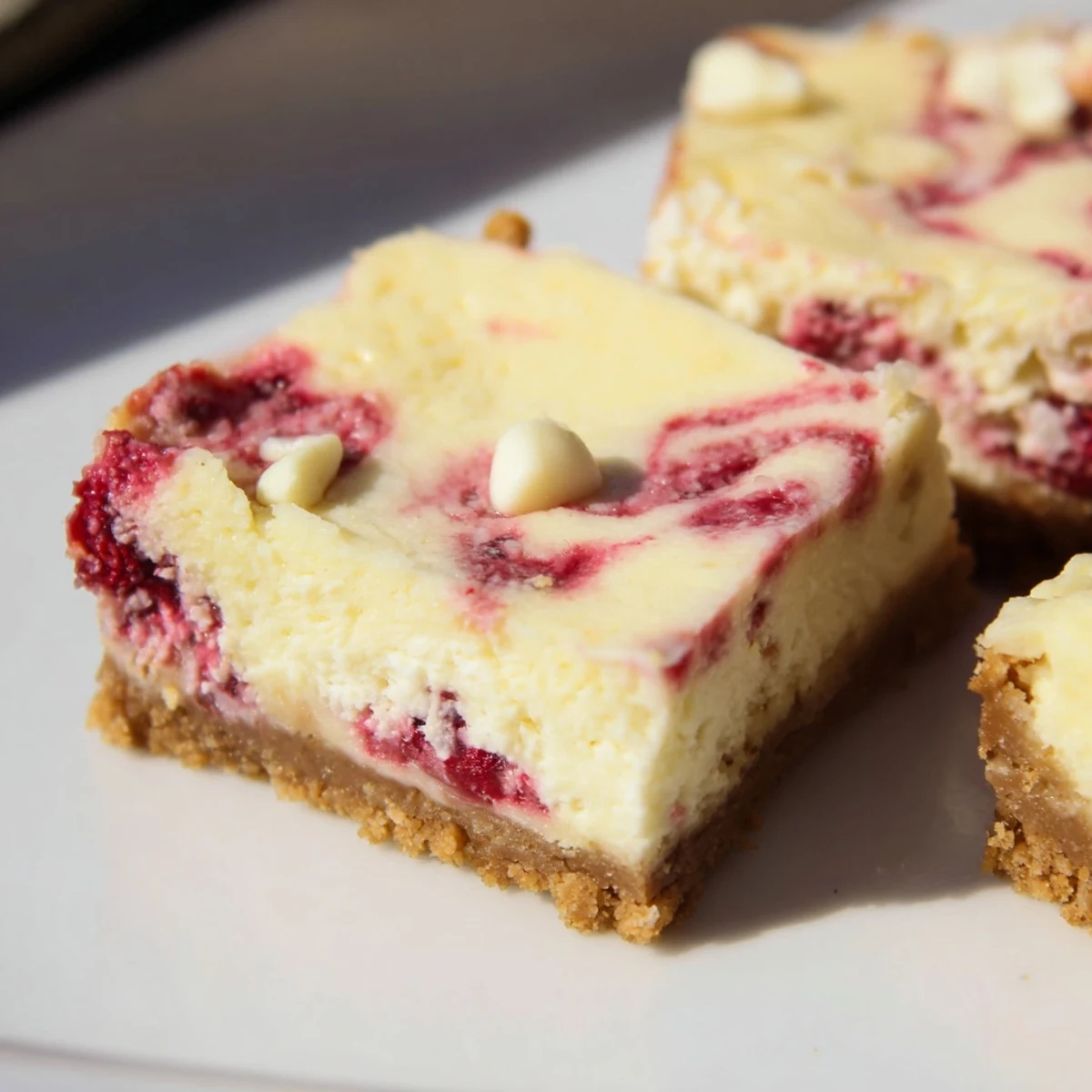 Close-up view of raspberry white chocolate cheesecake bars showcasing rich white chocolate chunks and a marbled berry topping.