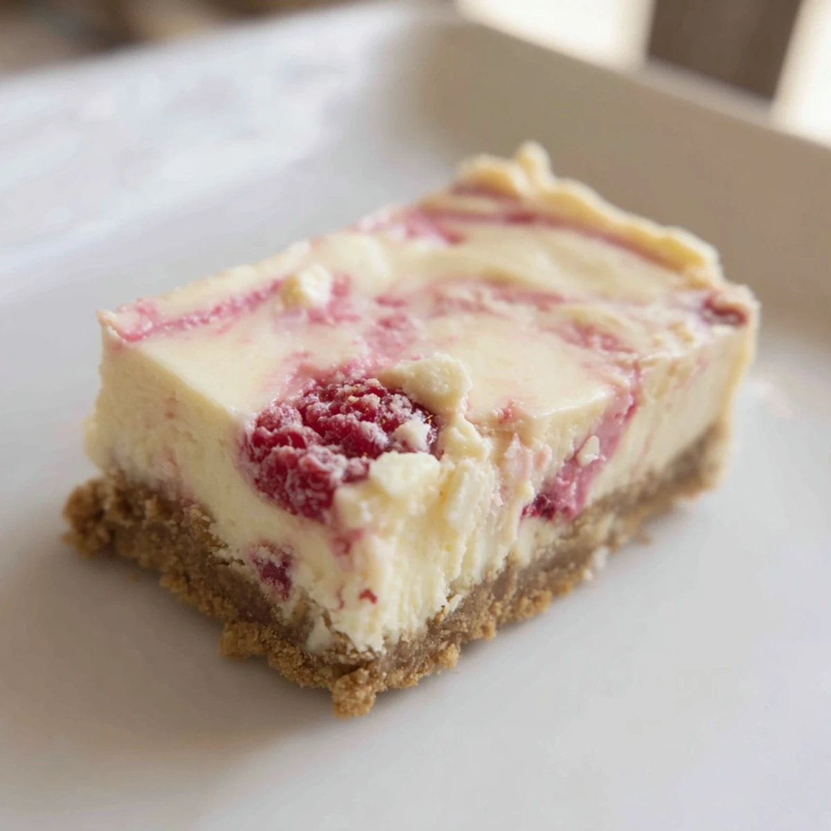 Freshly cut square of raspberry white chocolate cheesecake bars, perfect for a dessert platter or party serving.