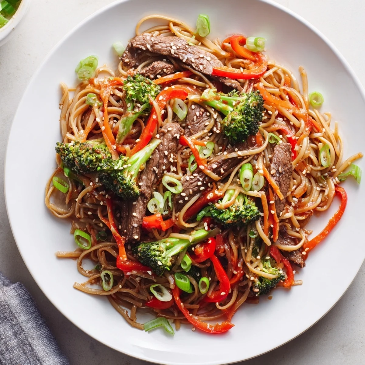 Close-up of savory Beef and Broccoli Lo Mein, featuring colorful veggies and noodles coated in a rich sauce.