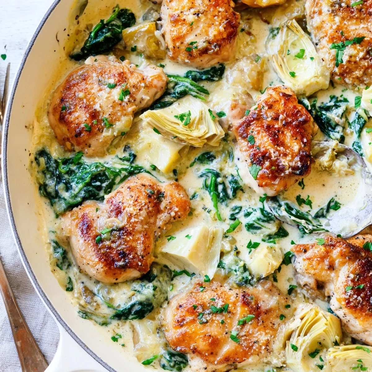 Golden-brown chicken breasts nestled in a creamy spinach and artichoke skillet, garnished with fresh parsley.  
