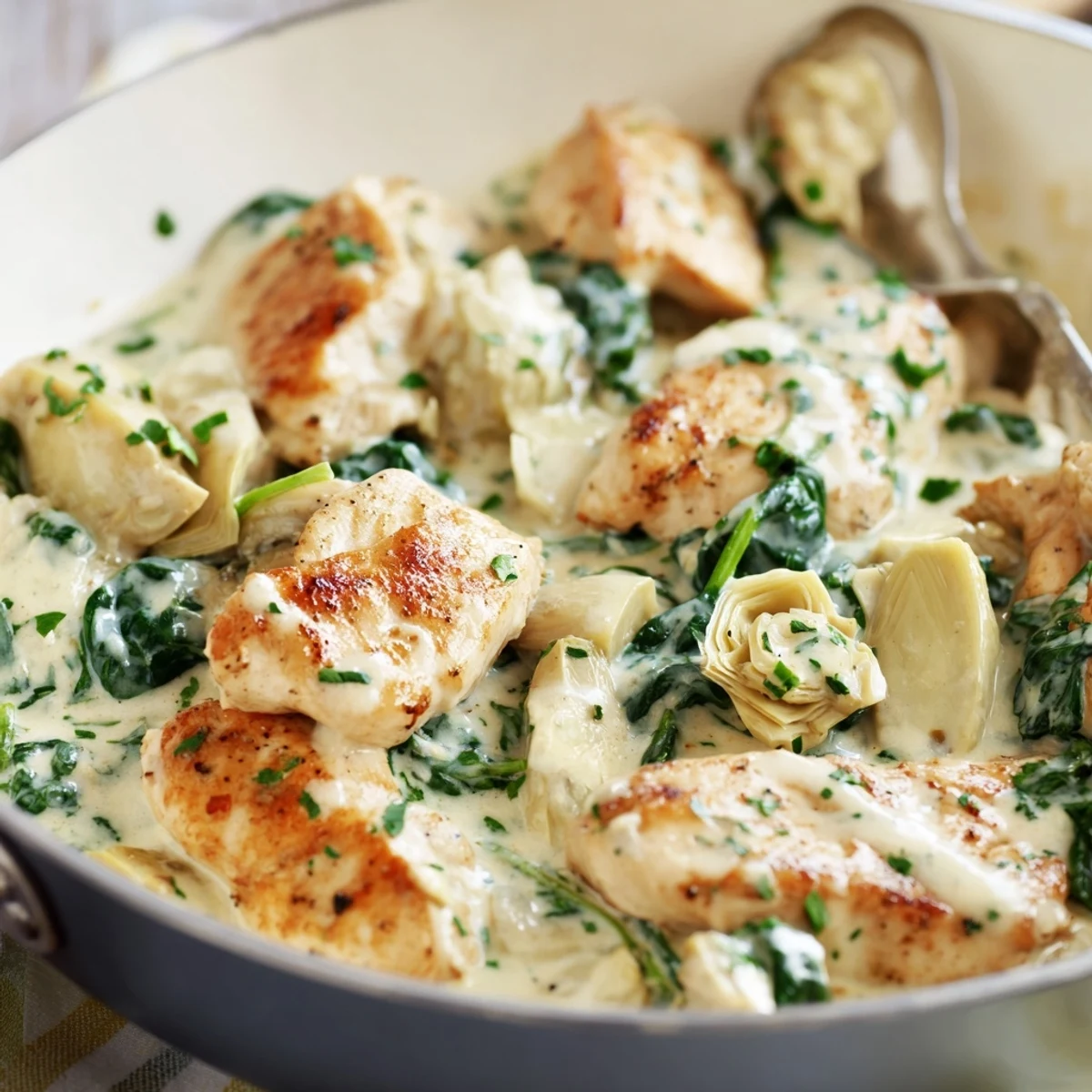 One-pan Creamy Spinach and Artichoke Chicken Skillet simmering with garlicky sauce for an easy weeknight dinner.  