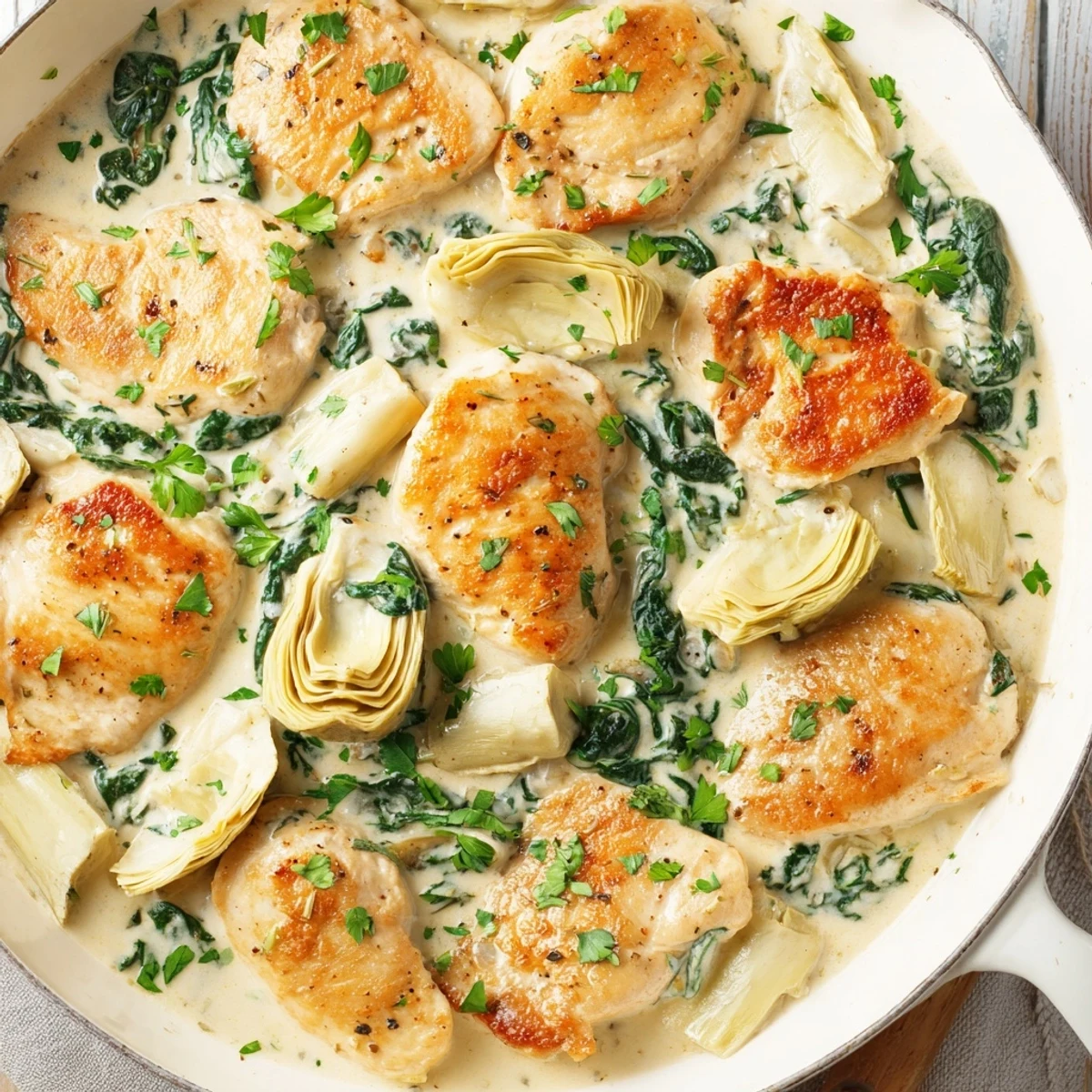 Tender chicken and marinated artichoke hearts in a rich parmesan cream sauce, served with crusty bread.