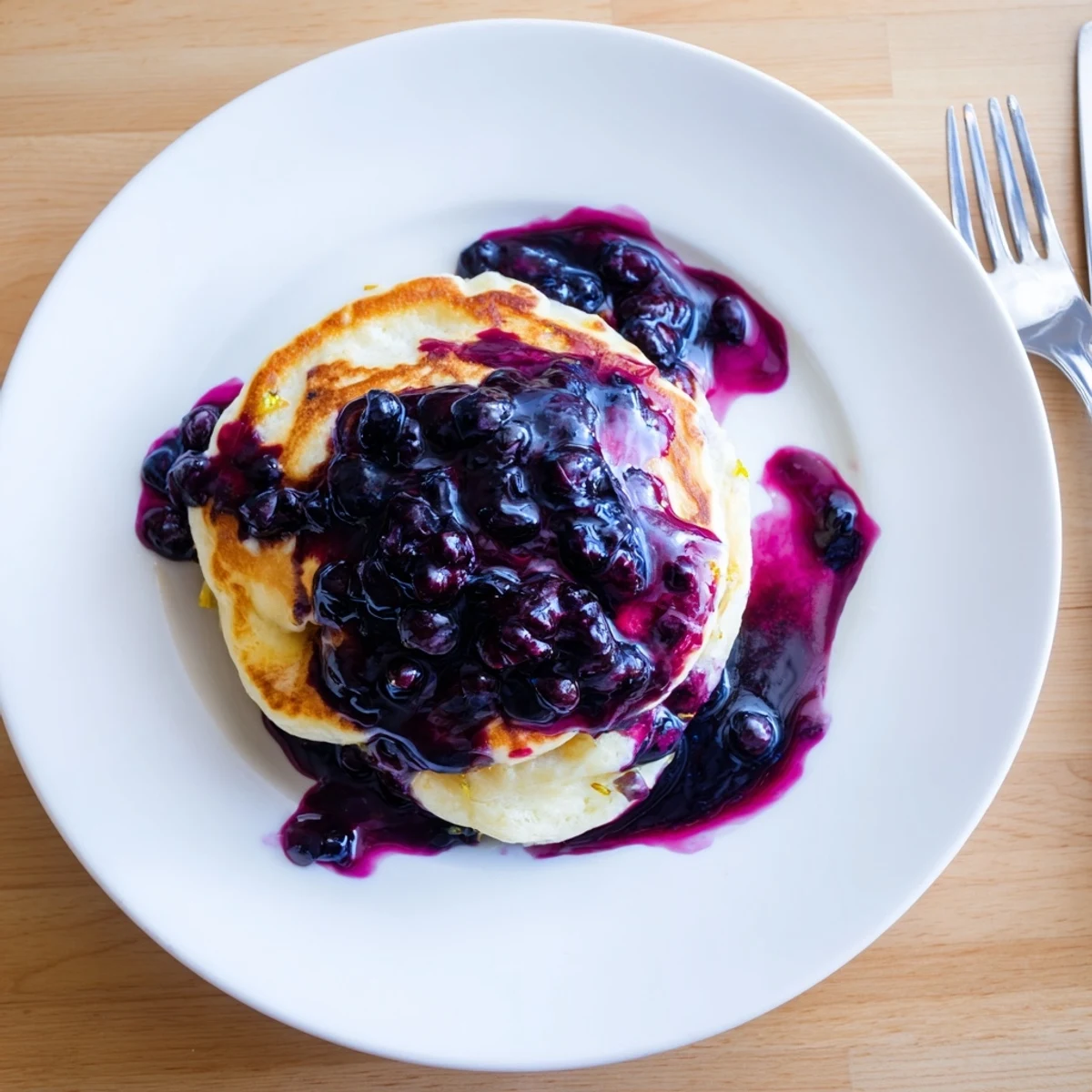 Fluffy Lemon Ricotta Pancakes with Blueberry Syrup are stacked high, drizzled with vibrant purple syrup and fresh berries.  