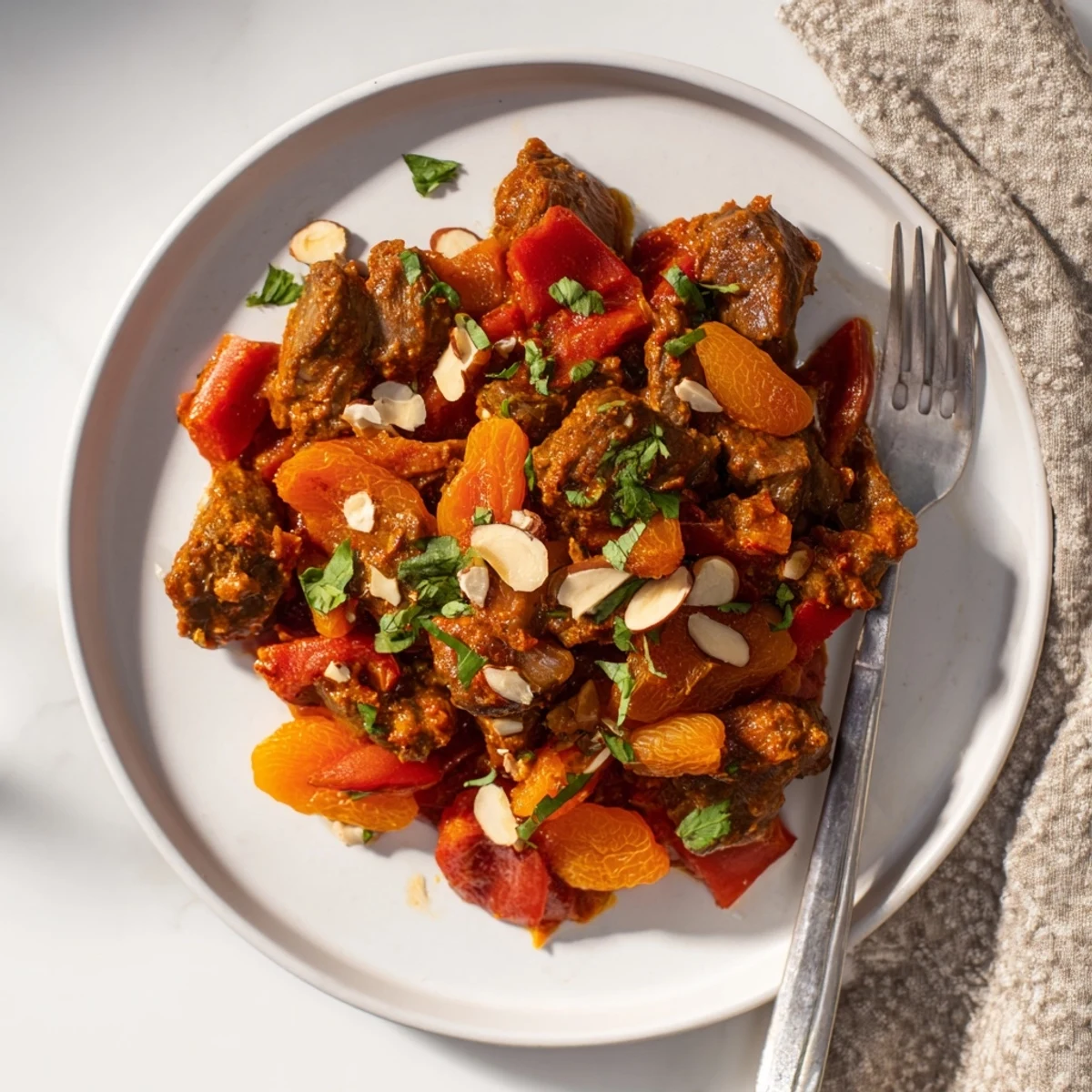 Slow Cooker Moroccan Lamb Tagine simmering with tender lamb, apricots, and warm spices in a rich sauce.