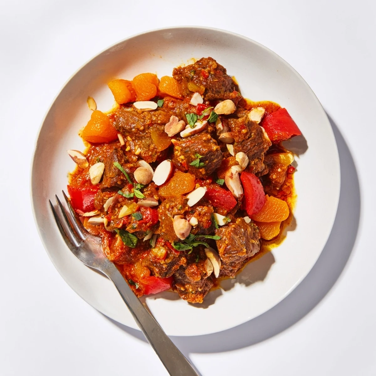 A close-up of Slow Cooker Moroccan Lamb Tagine garnished with fresh cilantro, parsley, and toasted almonds.