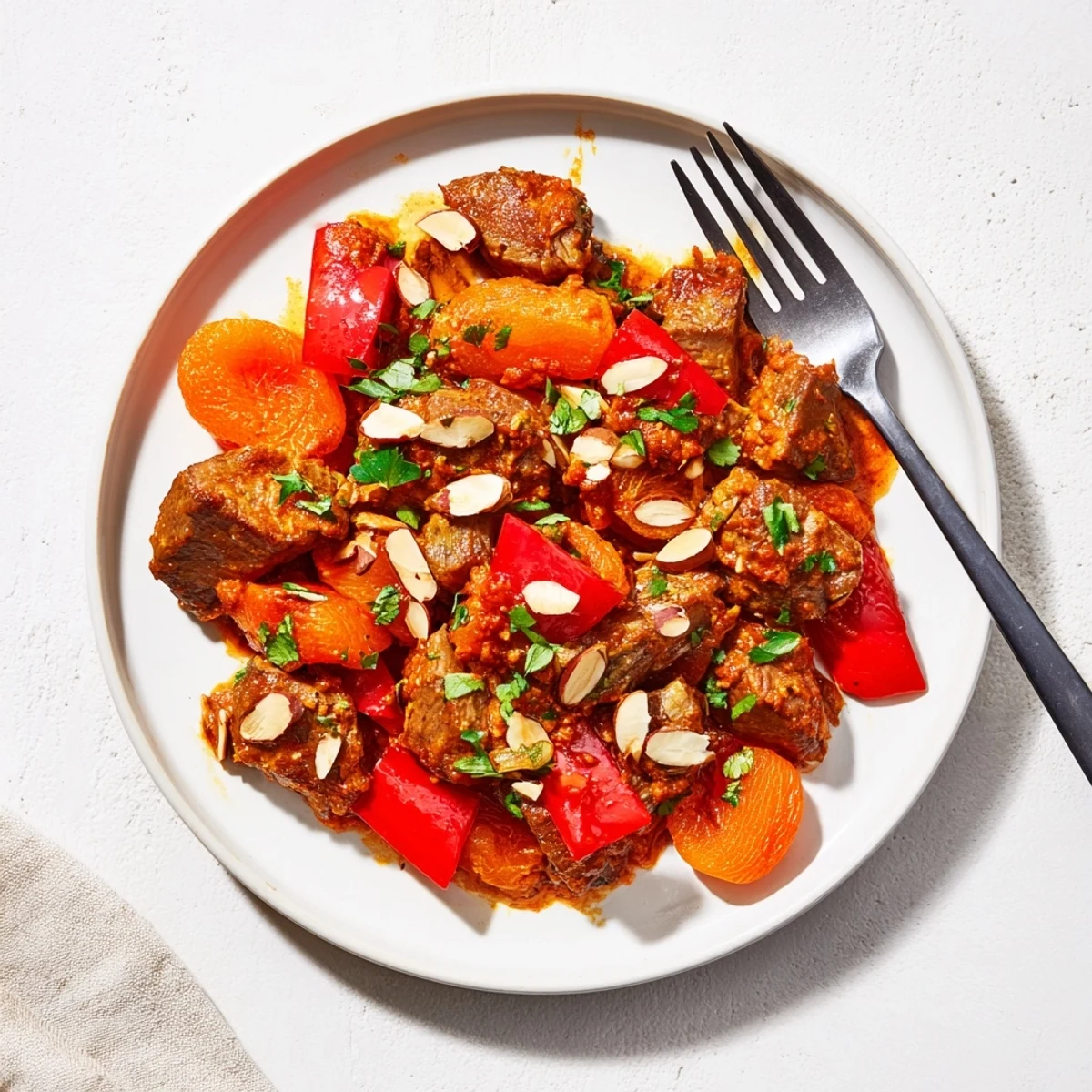 Serve Slow Cooker Moroccan Lamb Tagine hot over fluffy couscous, garnished with cilantro and sliced apricots.